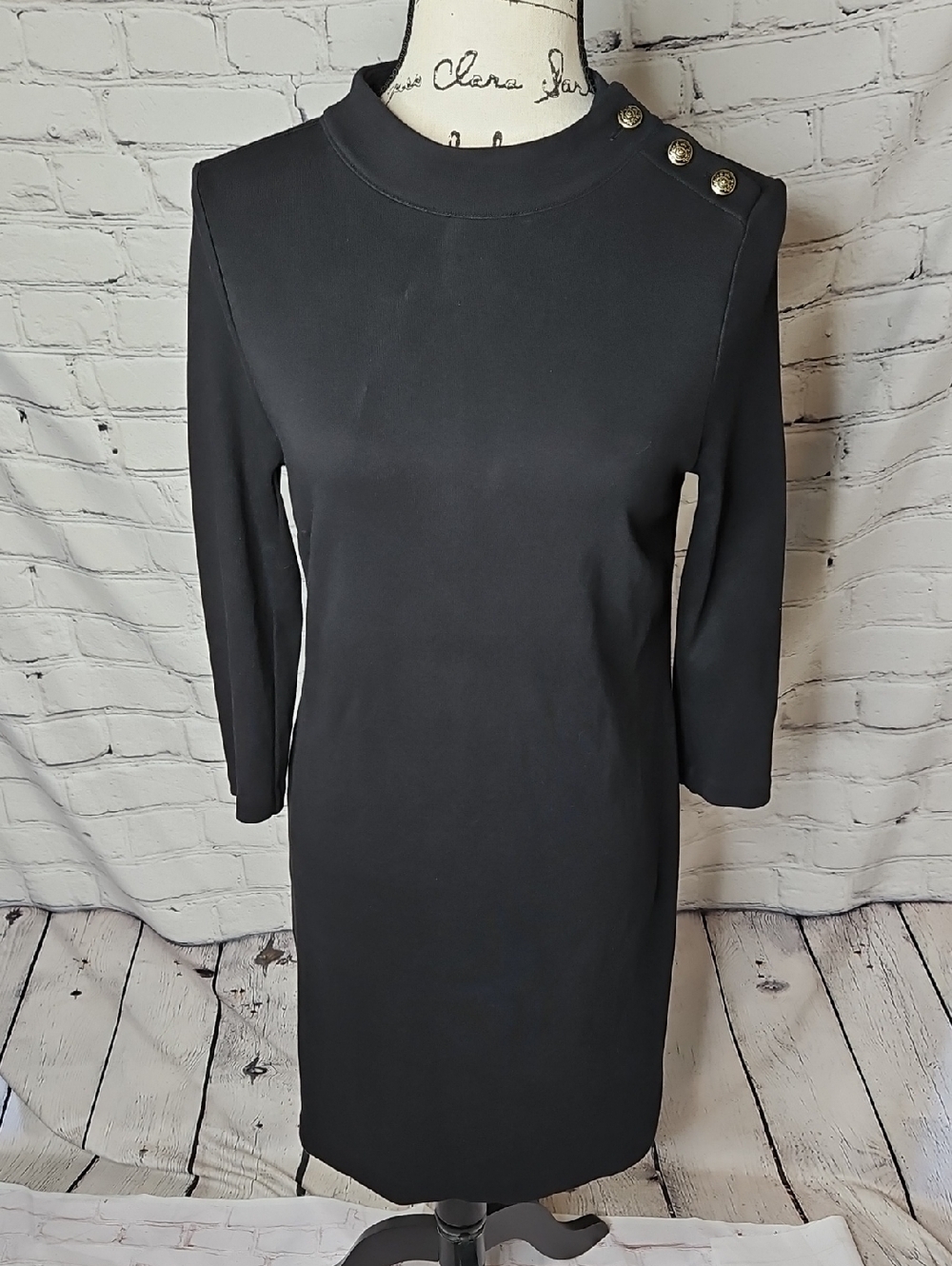 Talbots Black 3/4 Sleeve Sheath Dress Button Detail Dress Size Petite Medium NWT